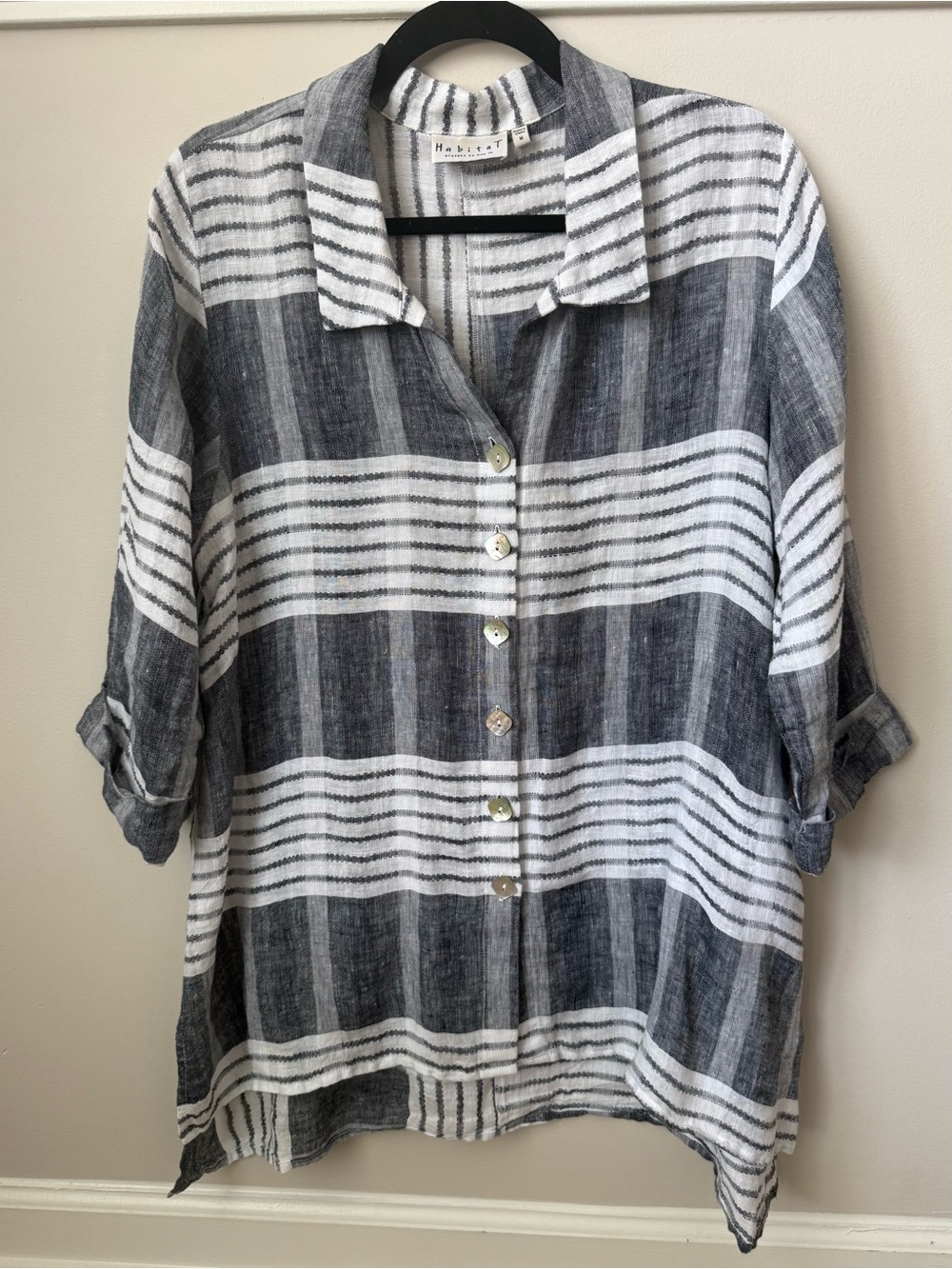 Habitat Plaid Oversized 100% Linen Button Up Blouse 3/4 Sleeve Hi-Lo Lagenlook M